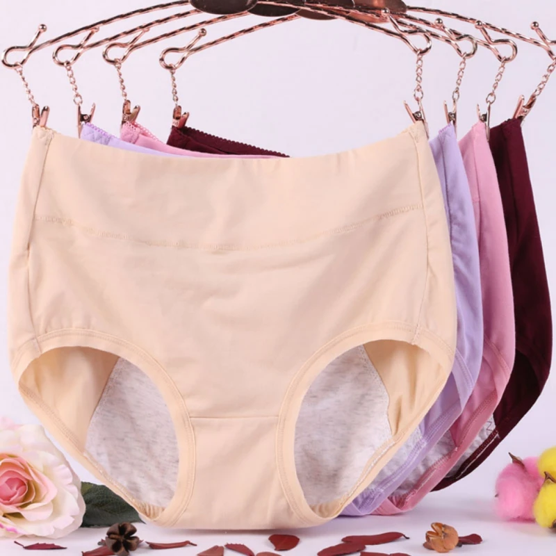 Women Solid Cotton Physiological Briefs Large Size Female High Waist Leak Proof Menstrual Panties Widen Period Shorts Underpants