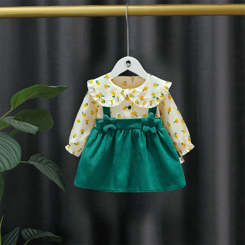 Spring And Autumn Girls' New Shoulder Strap Long Sleeve Dress, Baby Girl's Big Collar 3d Splicing Flower Sweet Children's Skirt