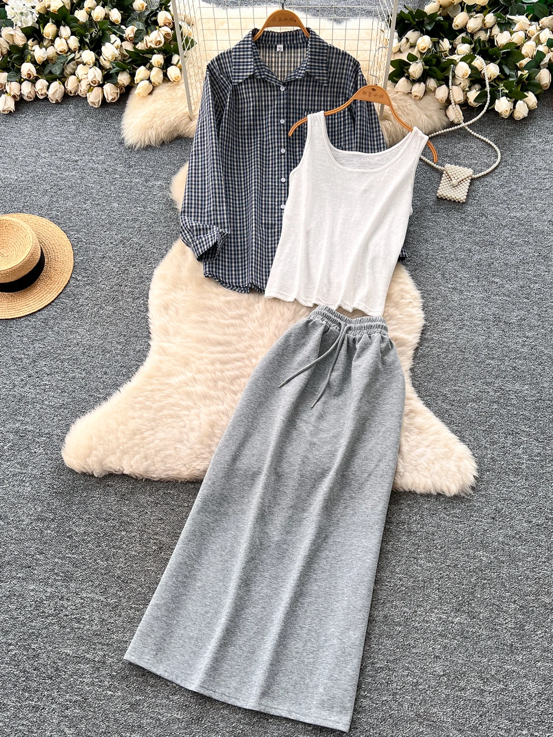 Conjunto de Csa de Manga Larga a Cuadros Estilo Coreano Informal y Ceco sin Mangas con Falda Midi de Cintura Alta, Conj...