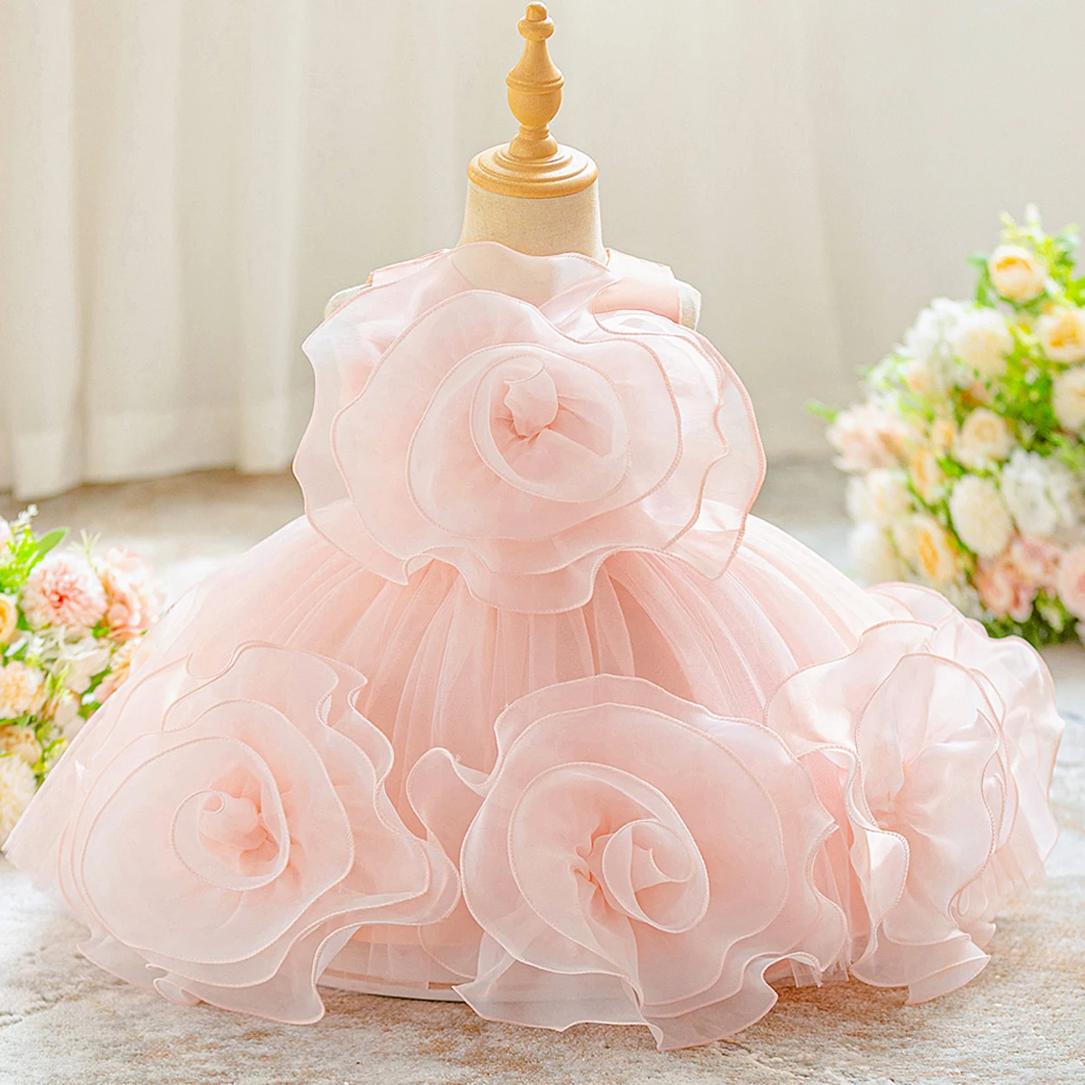 

Детское платье для девочек: пышное вечернее платье принцессы с 3D-цветами, элегантное розовое, для первого дня рождения, свадьбы, выпускного или вечеринки