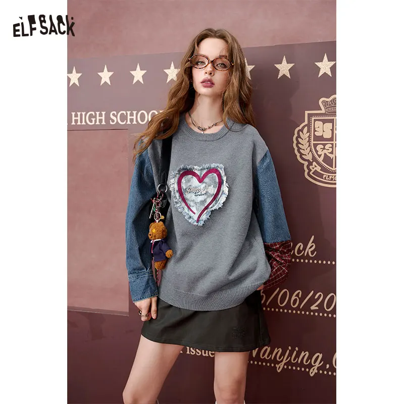 ELFSACK 2024 Autumn New Arrivals Contrast color denim stitching round neck sweater for women, loose college style top