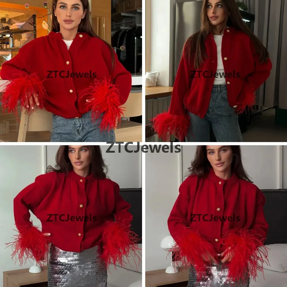 

Женский укороченный кардиган из бархата с пэчворком и бахромой на рукавах, теплый вязаный свитер-пальто на осень, однобортный, с круглым вырезом, красный