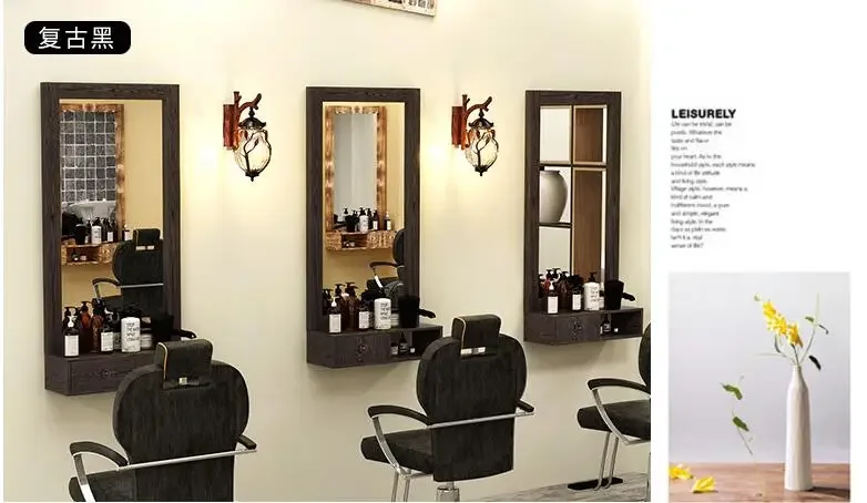 Barber dressing table mirror solid wood retro  single side low clearance wall hanging hair salon special