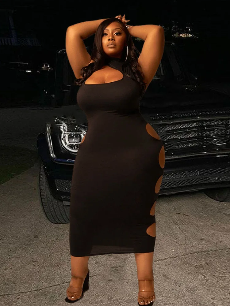 Plus Size Women Clothing Summer Midi Dress Bodycon 2022 Hollow Out Sexy Parti Dress Clubwear Wholesale Bulk Dropshipping