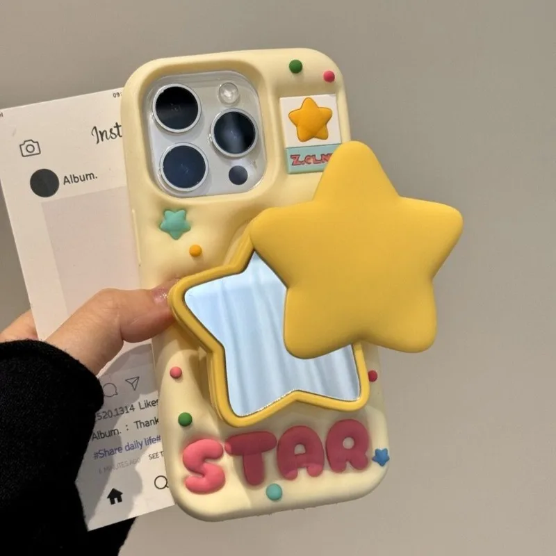 

Phone Case For iPhone 17 16 15 14 Pro Max New INS Cartoon 3D Color Polka Dots Star Makeup Mirror Holder Soft Protective Cover