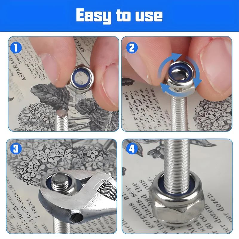 304 Stainless Steel Hex Nylon Lock Nuts M2 M2.5 M3 M4 M5 M6 M8 M10 M12 M14 M16 M20 Hexagon Hex Self-locking Nylock Nut Locknuts.