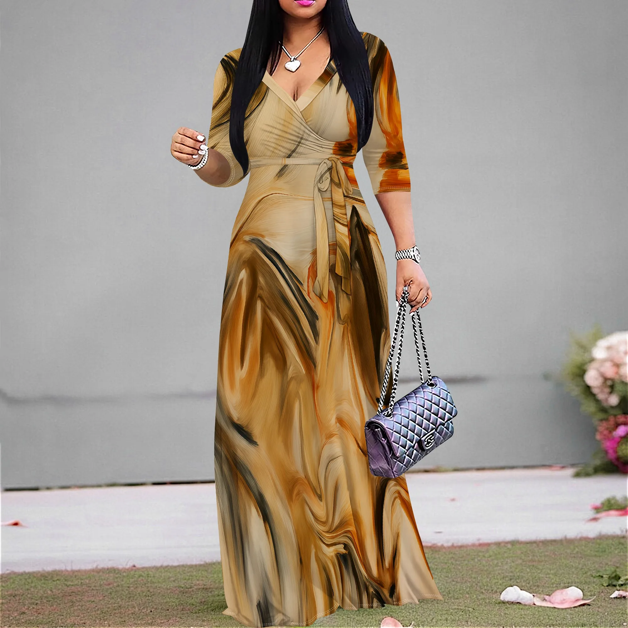 

Women's Abstract Marble Print Maxi Dress | Elegant V-Neck Wrap Gown | Three Quarter Sleeve Party & Vacation Dress XS-3XL