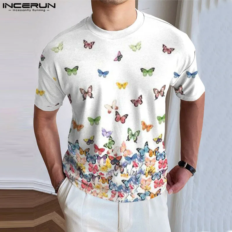 INCERUN Men T Shirt Printing Summer O-neck Short Sleeve Casual Male Tee Tops Streetwear 2024 Korean Style Fashion Men Clothing