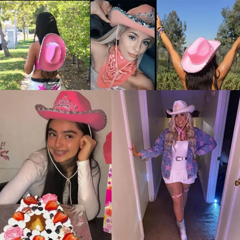 Halloween Women Western Pink Cowgirl Fluffy Cowboy Glitter Hat Carnival Costume Accessory for Party Wear Hat Set