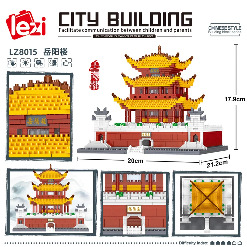 Lezi 8015 World Architecture Building Bricks Set Yueyang Tower Pavilion Wall Bridge DIY Models Mini Diamond Blocks Toys for Kids