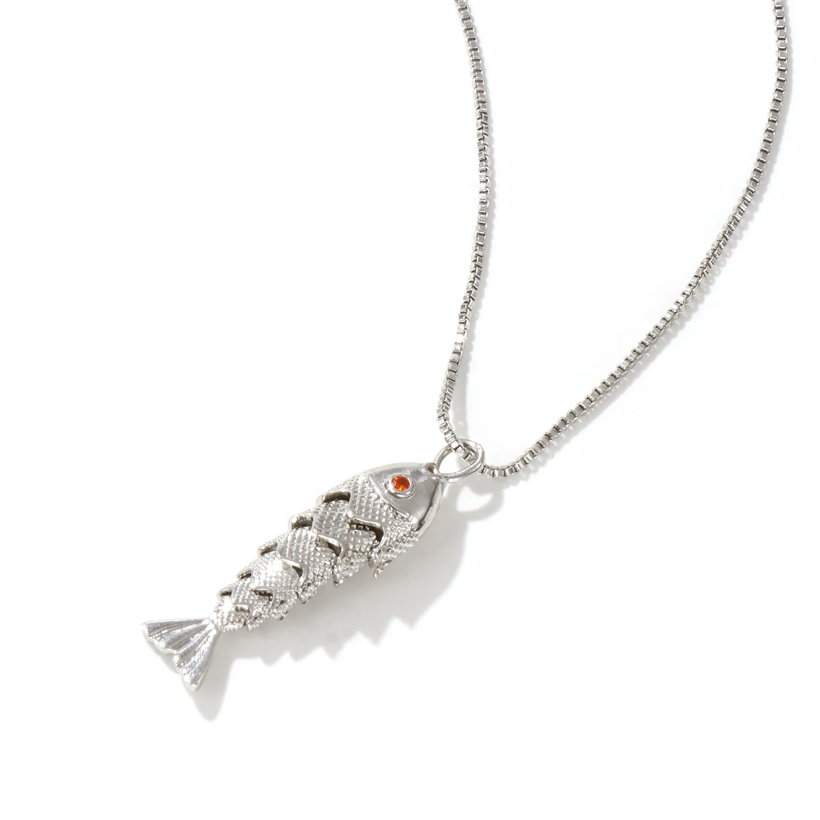 Brass Box Chain Fish Pendant Charm Necklace For Women Orange Cubic Zirconia 3D Movable Ocean Jewelry Gift 45cm(17.7