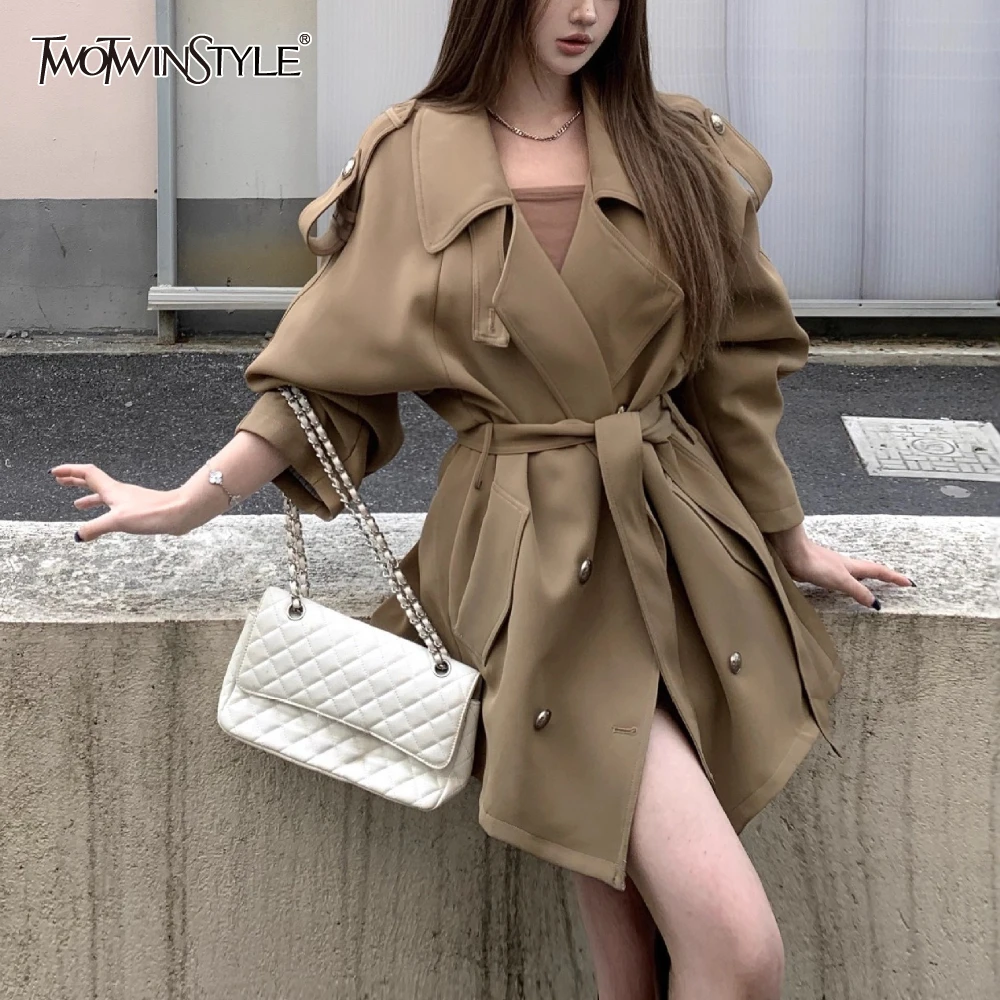 

TWOTWINSTYLE Khakl Spliced Double Breasted Trench Female Lapel Long Sleeve Loose Streetwear Women's Trenchs Autumn Fashion New