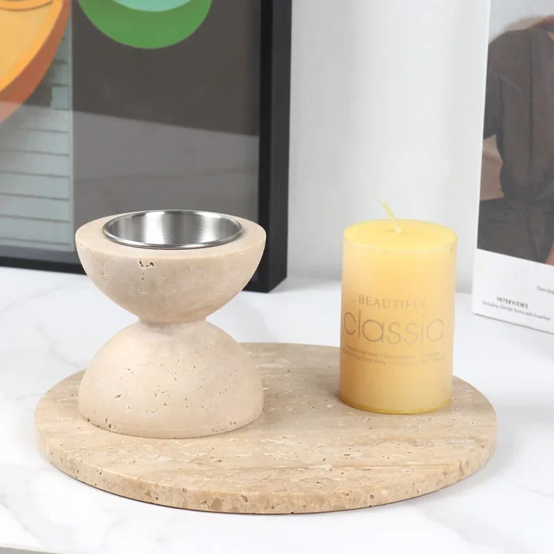 Creative living room desktop decoration natural marble hemispherical yellow hole stone splicing metal embedded candle holder