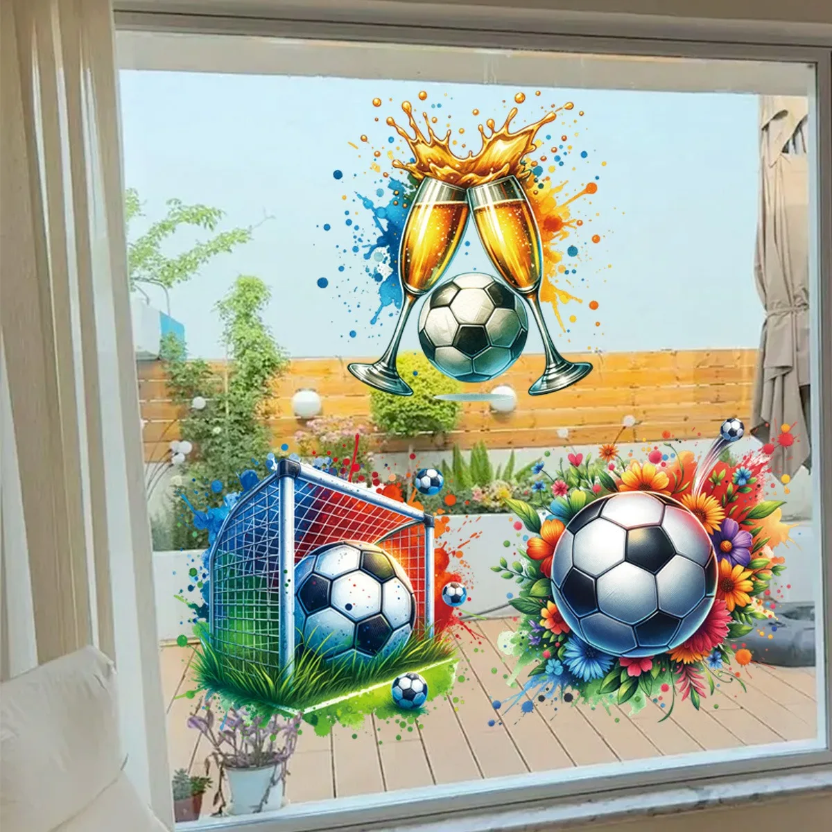 カラースプラッシュ-フットボールゴール-ビールグラス-花柄-ウィンドウステッカー-スポーツパーティーデコレーション-男の子の部屋-ガラスドア用