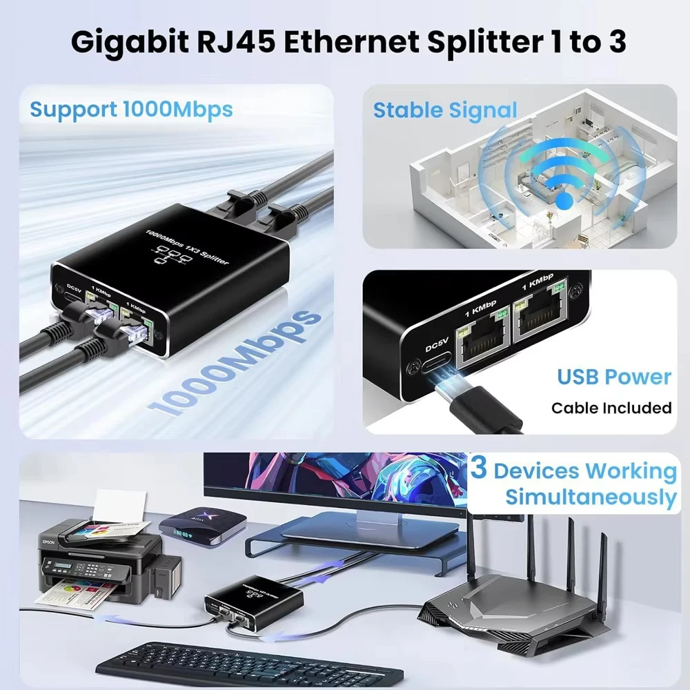 Kebidumei Gigabit Ethernet Splitter 1 to 2/3/4, 1000Mbps RJ45 LAN Internet Splitter for Hub/Switch/Router/Set-Top Box/Digital TV