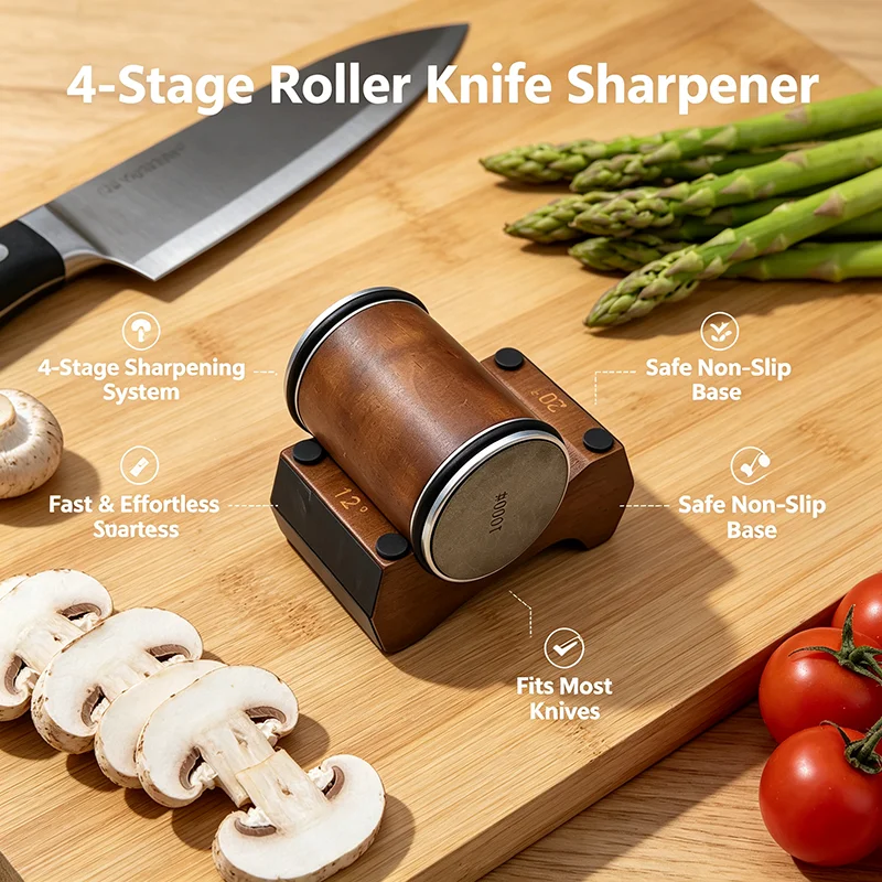 Pro Rolling Knife Sharpener 4 Angle 12/15/18/20 Wooden Base Magnetic Suction Chef Kitchen Knife Sharpener Diamond Stone Tool Set