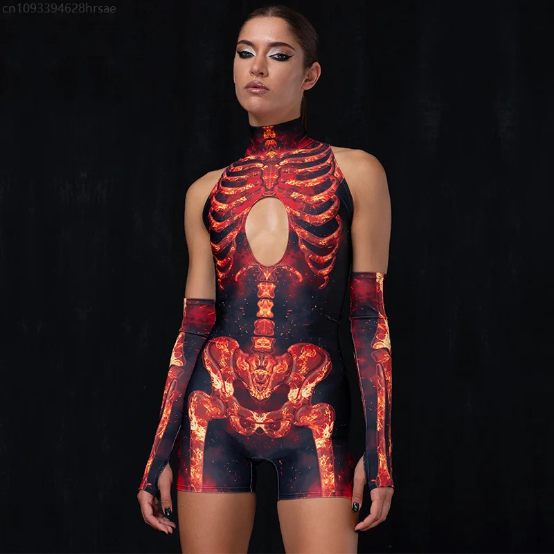 

Cyber Skeleton Punk Women Playsuit Jumpsuit Streetwear Casual Rompers With Gloves Cosplay Carnival Bodysuit Performance Costume