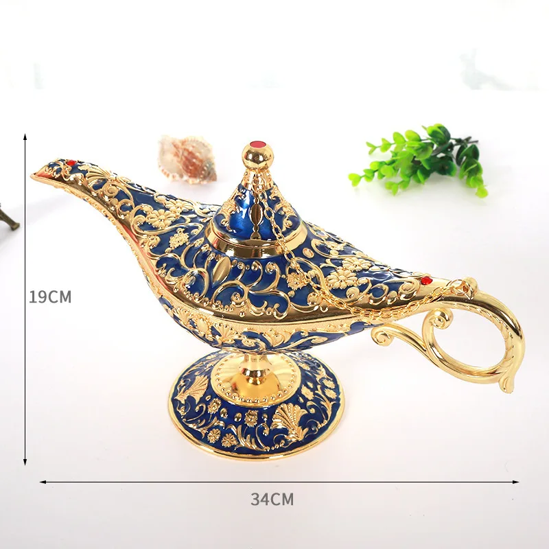 34cm Vintage Metal Carved Aladdin Lamp Light Wishing Tea Oil Pot Decoration Figures Saving Collection Arts Craft Gift