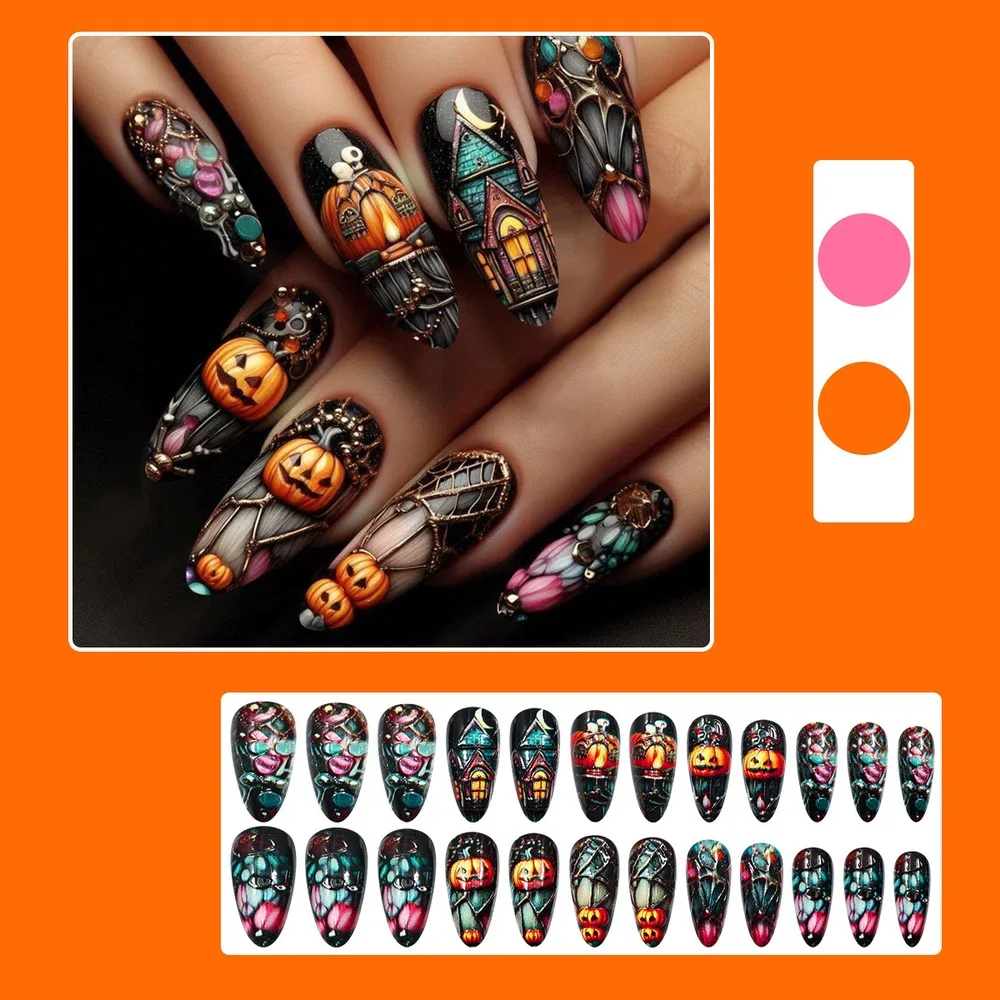

24 Pieces Short Medium Fake Nails Professional Pumpkin Dark House Square Almond Tips Press on Nail Halloween Party Gifts