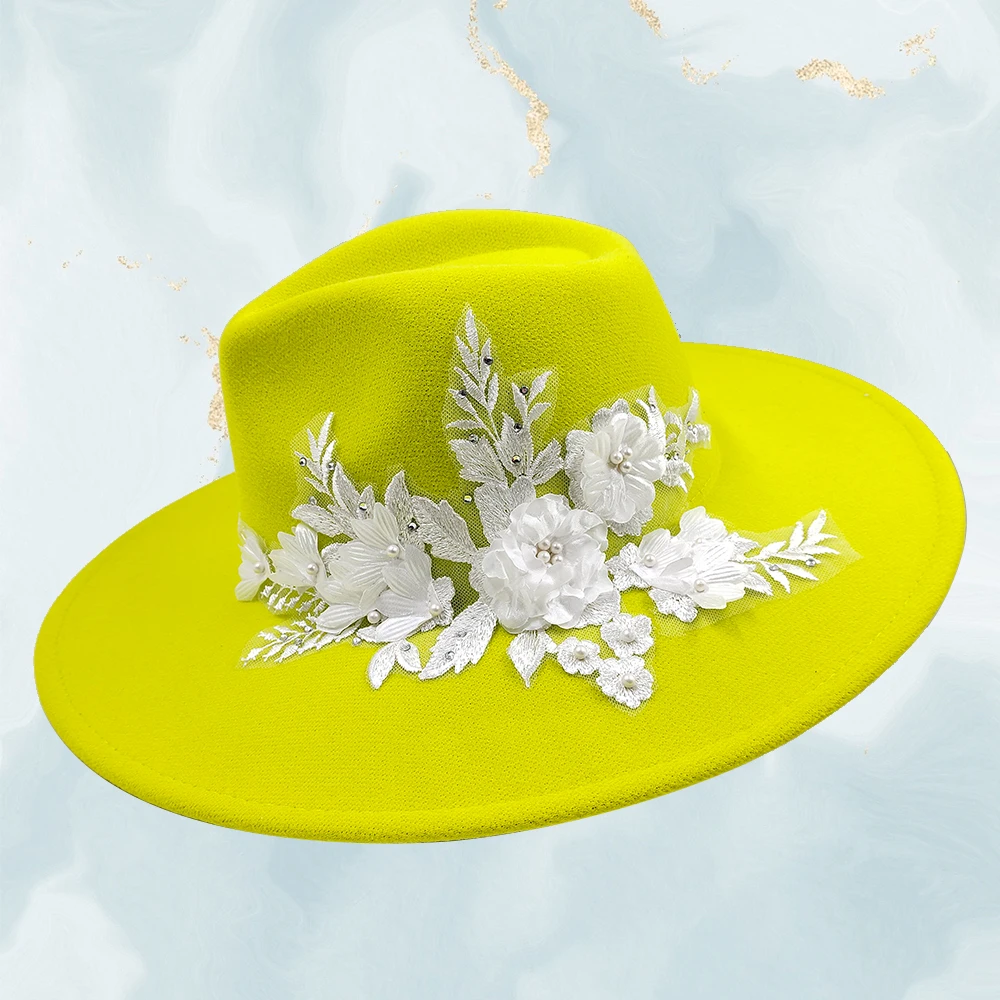 9.5CM rondo haftowane trójwymiarowe kwiatowe kapelusz Fedora damskie czapka jazzowa wiosna jesień kościół moda eleganckie kapelusz ślubny