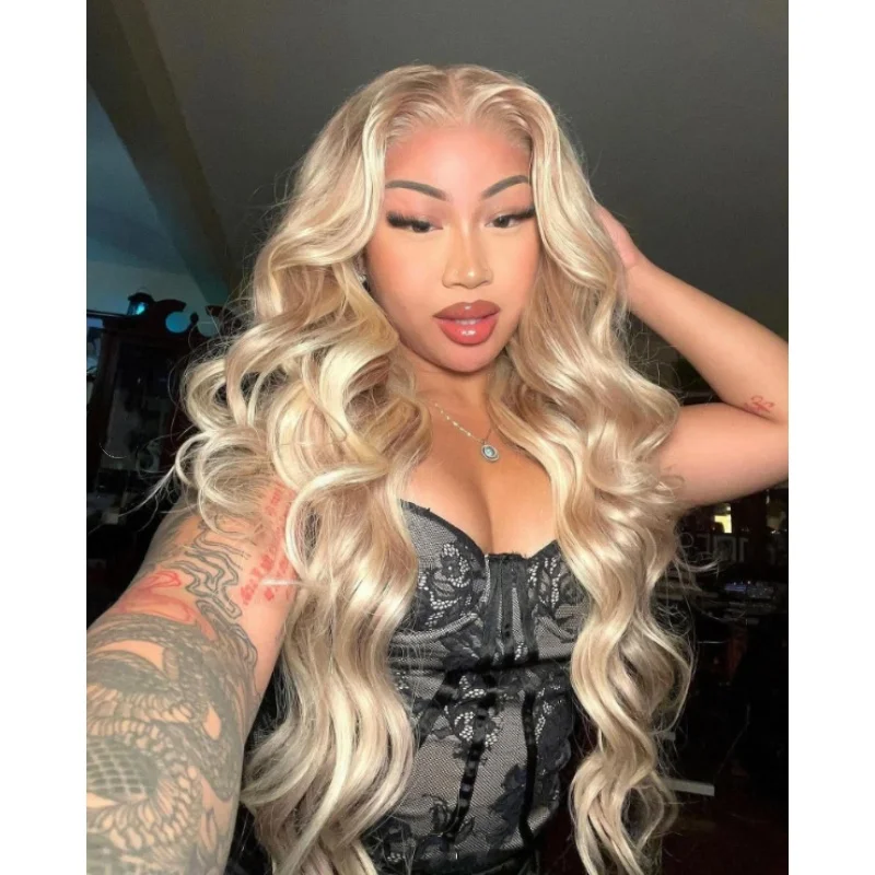 

Ombre Light Blonde Body Wave Loose Wavy Wig With Soft Hairline Heat Resistant Synthetic Wigs For Woman Natural Lace Front Wig