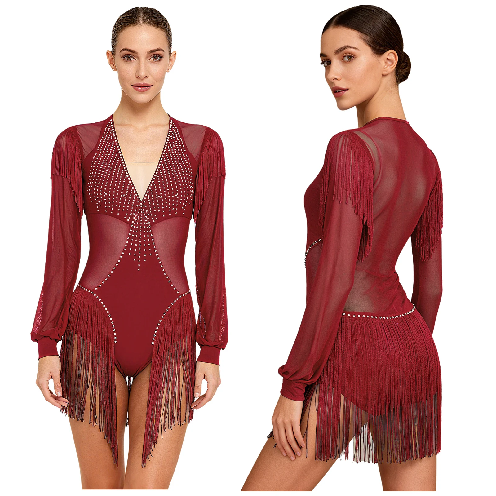 

Female Rhythmic Lyrical Latin Dance Outfits Long Sleeve Sheer Mesh Fringe Bodysuits for Salsa Tango Jazz Rumba Stage Dancewear