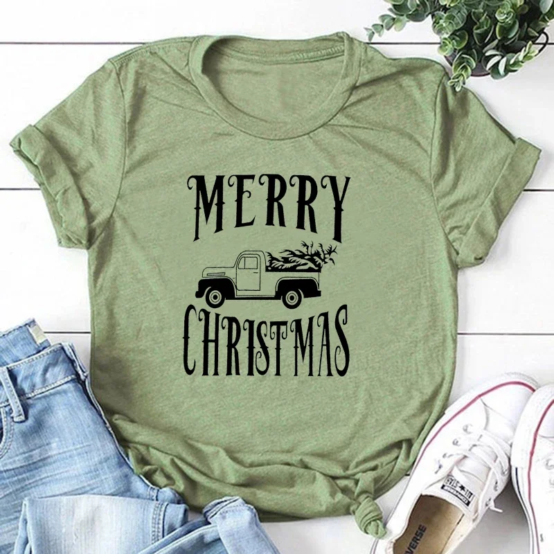Merry Christmas Funny Graphic Harajuku Girl T-Shirt Cotton Letter Aesthetic Female Clothing Fashion Casual Short Sleeve Top Tees