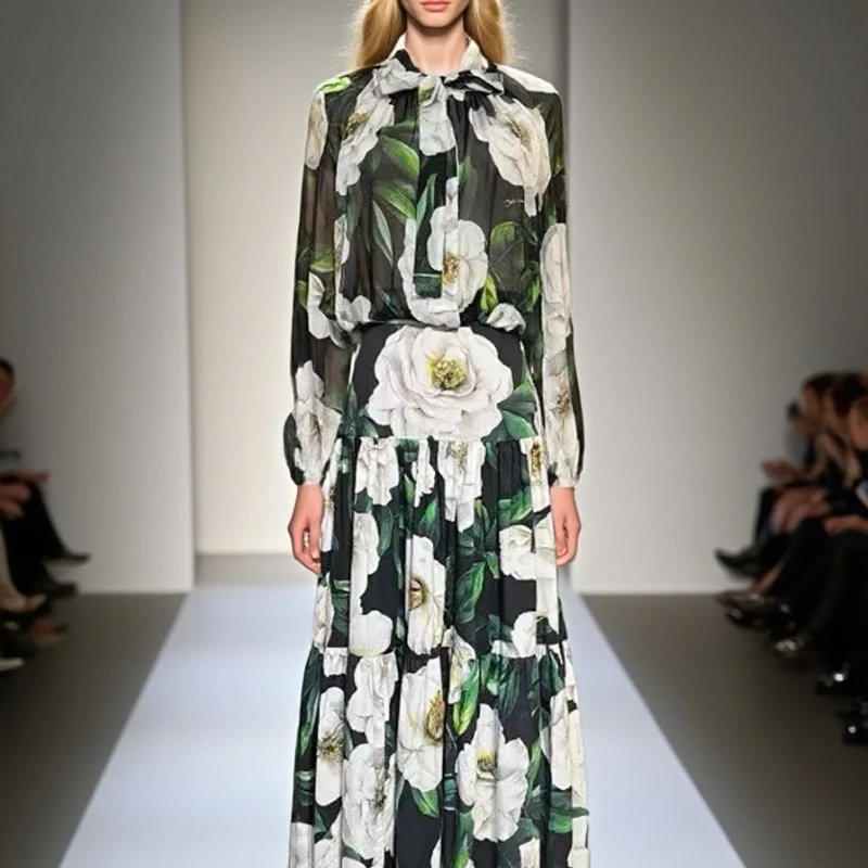 

Весенне-летний женский костюм на шнуровке с бантом, топы с длинными рукавами + плиссированная юбка, комплект из 2 предметов с шелковым принтом