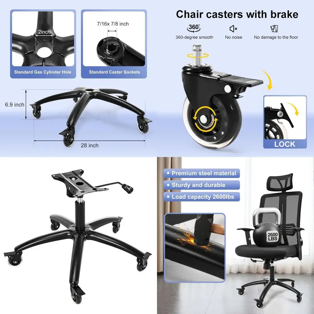 

28 Office Gaming Chair Metal Base, Wide Legs with Bottom Plate, Cylinder Stand, 5 Wheels & Brake