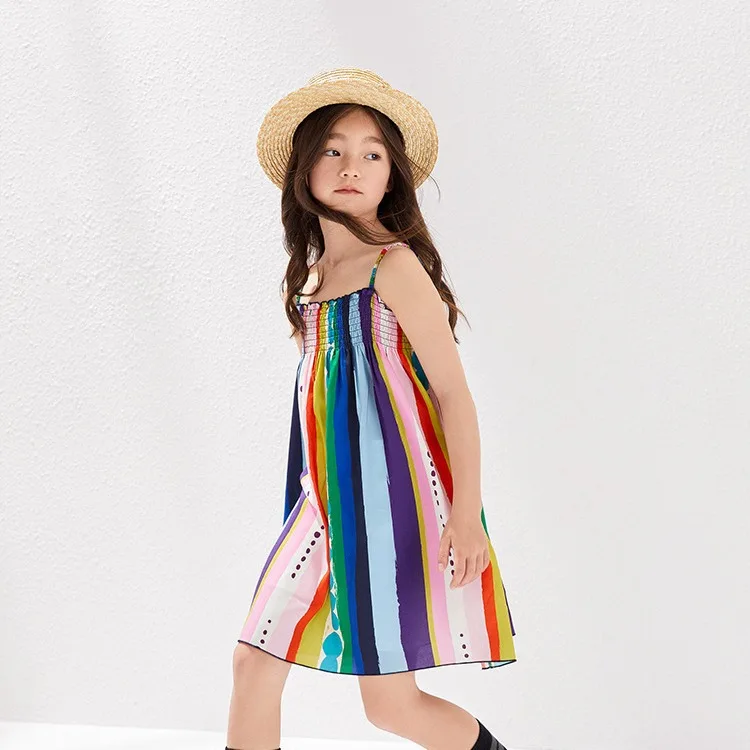 2024 Summer New in Kids Baby Girls Fashion Clothing - Children Off Shoulder Striped Dot Knee Length Dresses , Toddler 2-7Y