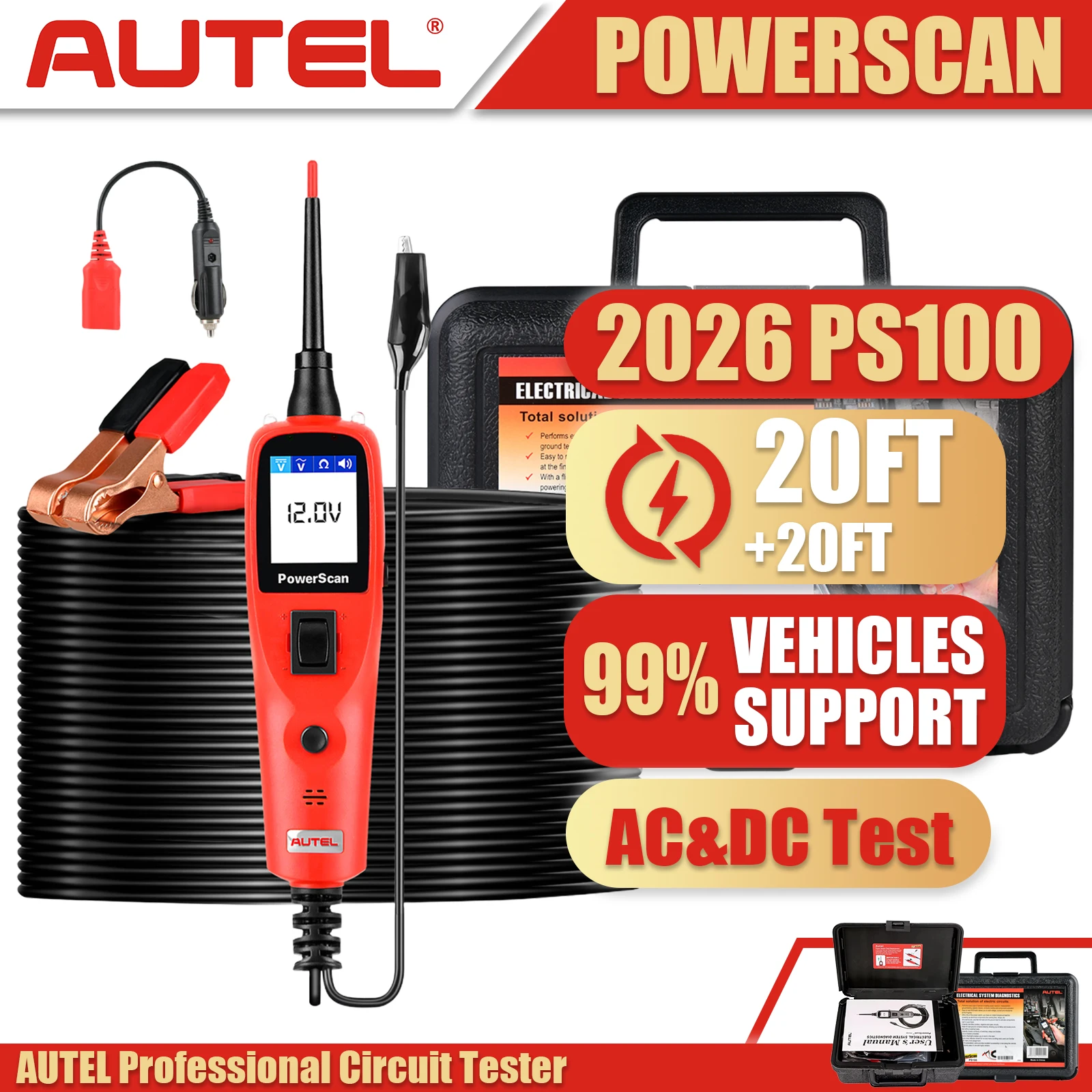 2026 Autel PS100 Tester Obwodów Samochodowych Zestaw Testowy Sondy Pomiarowej do Diagnostyki Elektrycznej Systemów AC DC, Narzędzie Diagnostyczne do Samochodów 12V 24V