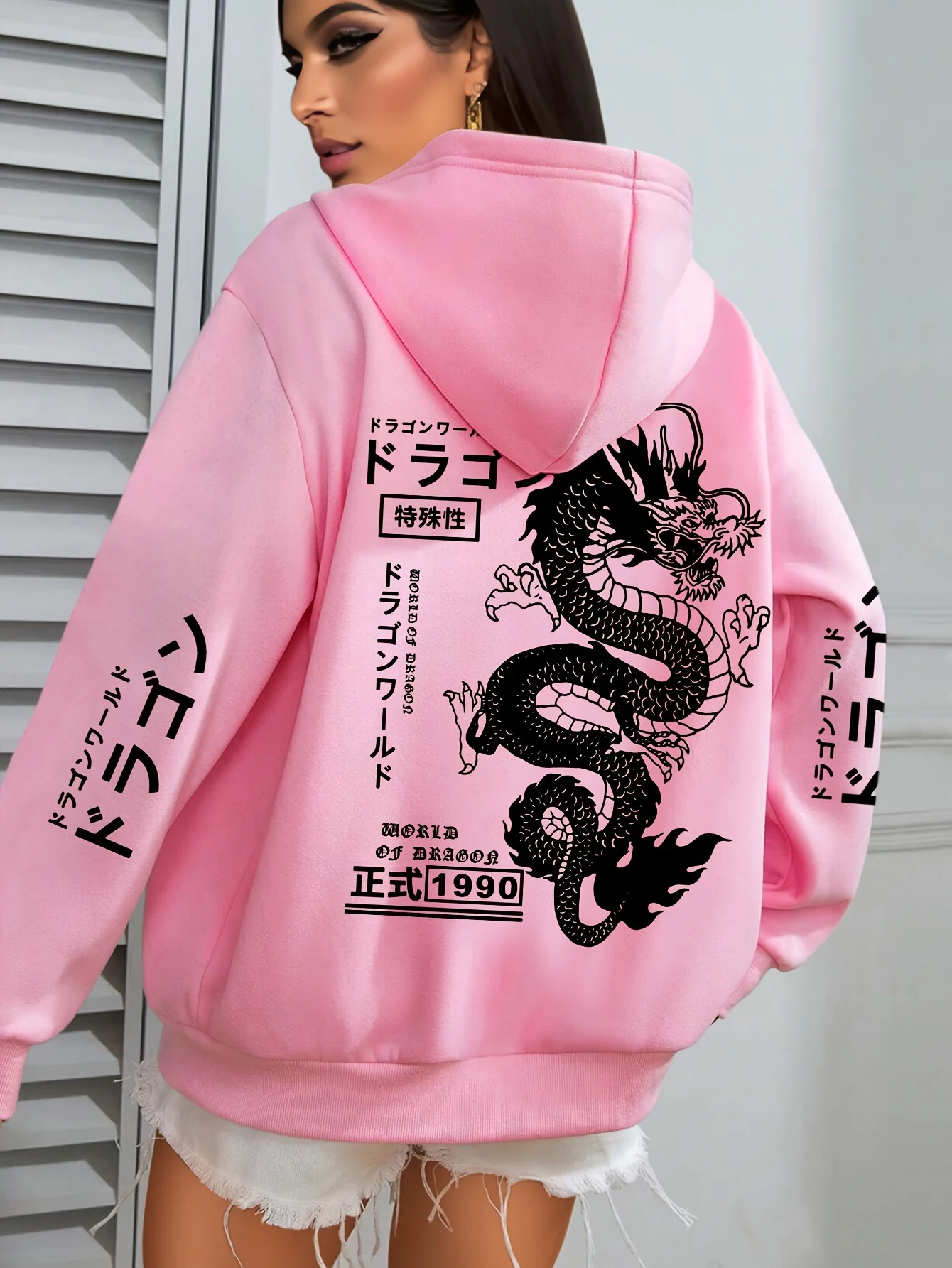 Japanischer Drachen-Grafik-Hoodie für Damen, Streetwear, Rücken- und Ärmel-Print, Kapuzenpullover, lässiger, lockerer, übergroßer Pullover-Hoodie – Detail 13