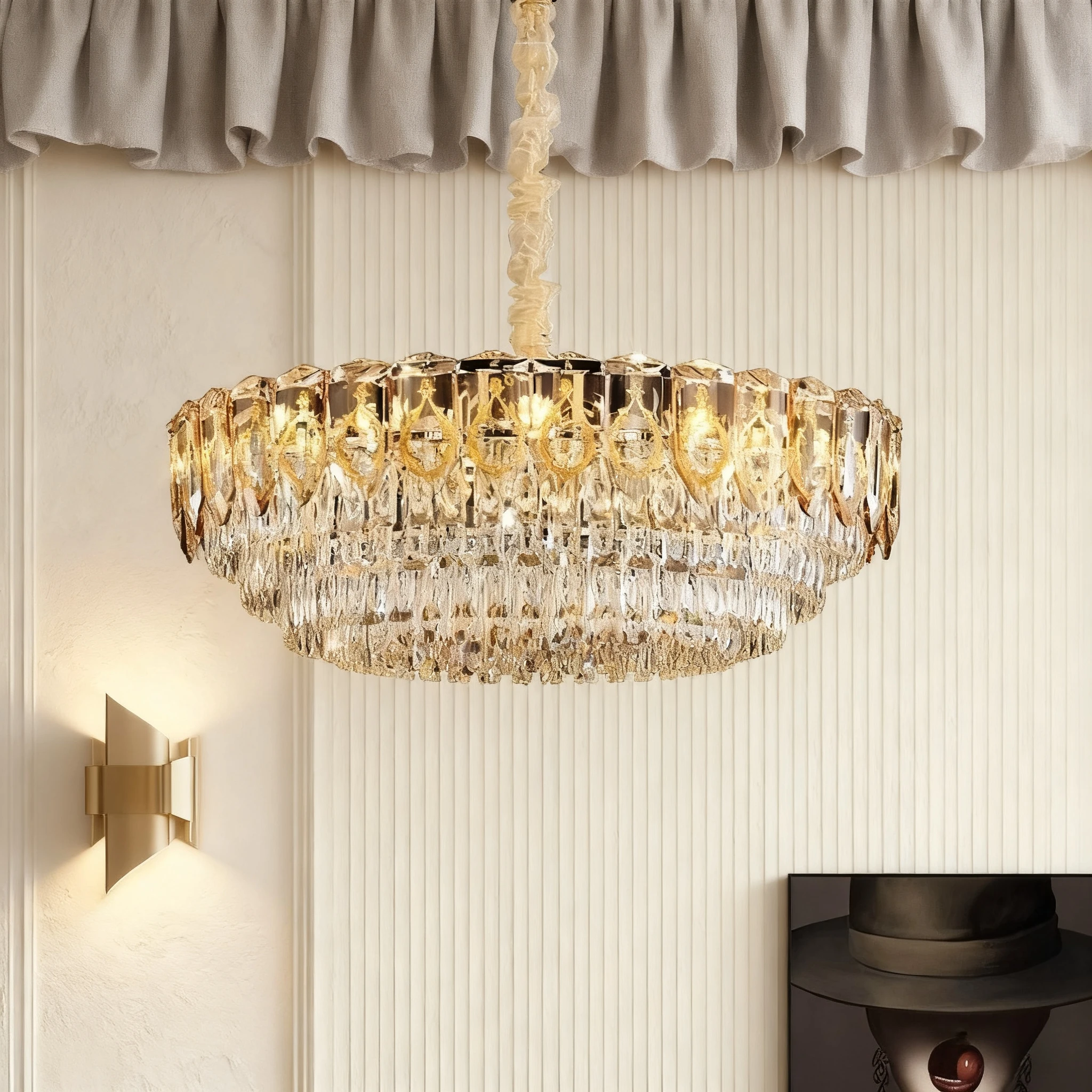 

Золотая хрустальная люстра, атмосферная гостиная, потолочные подвесные светильники, круглые роскошные подвесные светильники для спальни, столовой