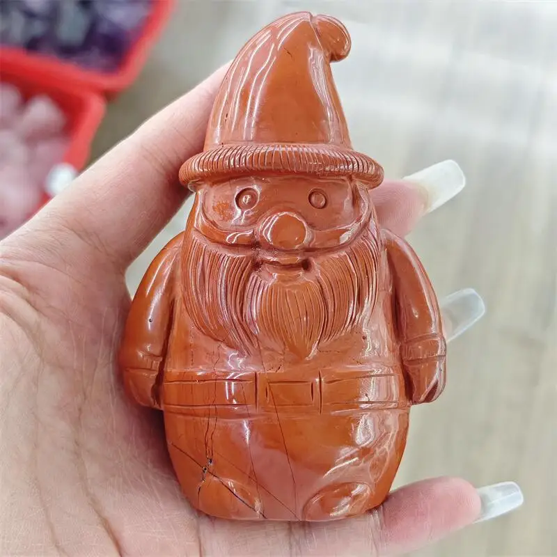 Natural Red Jasper Gnome Cartoon Santa Claus Carving Healing Fengshui Stone Sculpture For Decoration Holiday Gift 1PCS