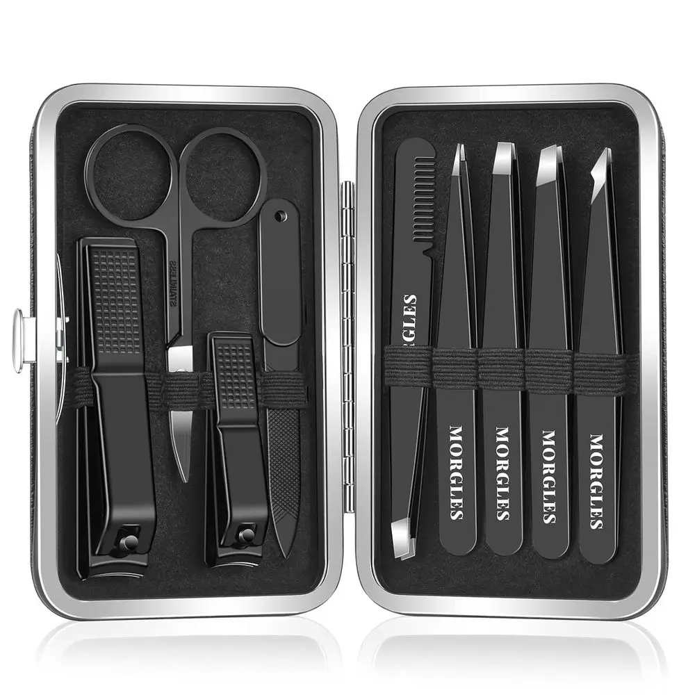 

9-Piece Stainless Steel Grooming Kit: Travel Manicure Set with Leather Case for Men