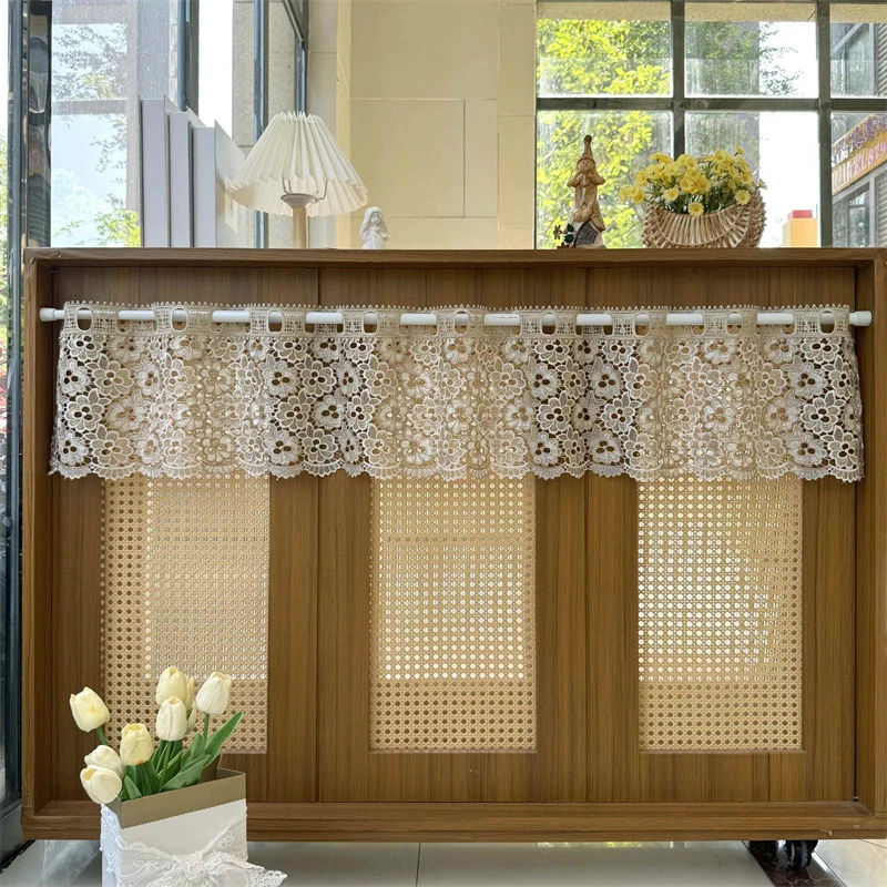 

European Luxury Hollow Lace Embroidered Flower Short Design Vintage Farmhouse Bedroom Window Sheer Tulle Curtain Top Rod Pocket