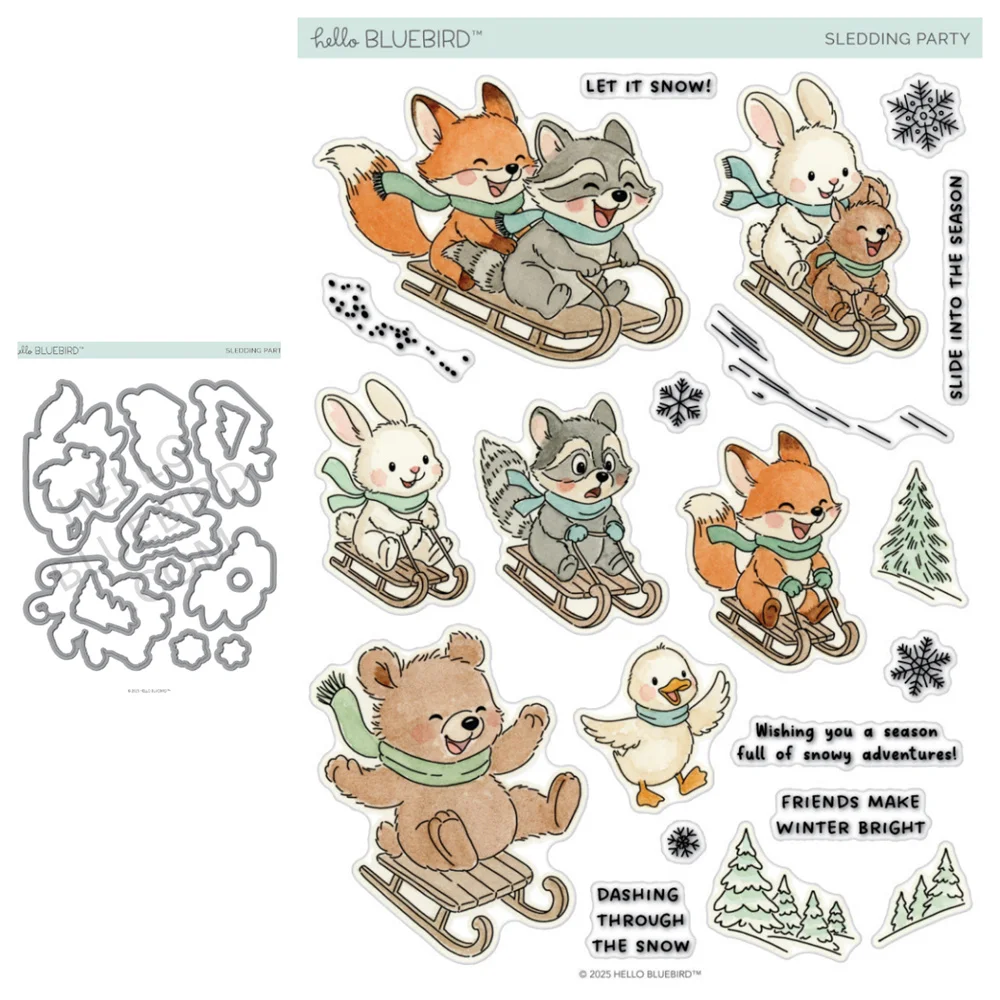 新しいハローブルーバードスタンプとダイ、郵便局広場シーンダイカット、そり遊びパーティー、メリーメールギフトタグ、ダイDIYスクラップブッキングカード
