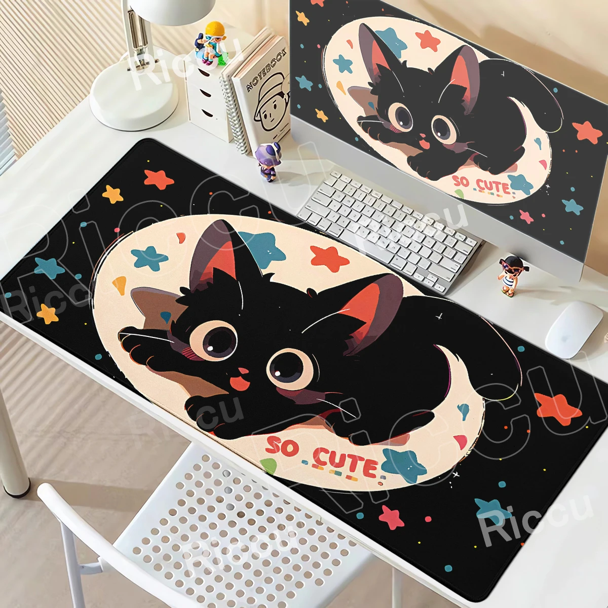 Schwarze Katze Mauspad XXL süße glückliche Katze Gamer Gummi Mousepad PC Gaming Anime Tastatur Erweiterung Pad rutschfeste Bürozubehör