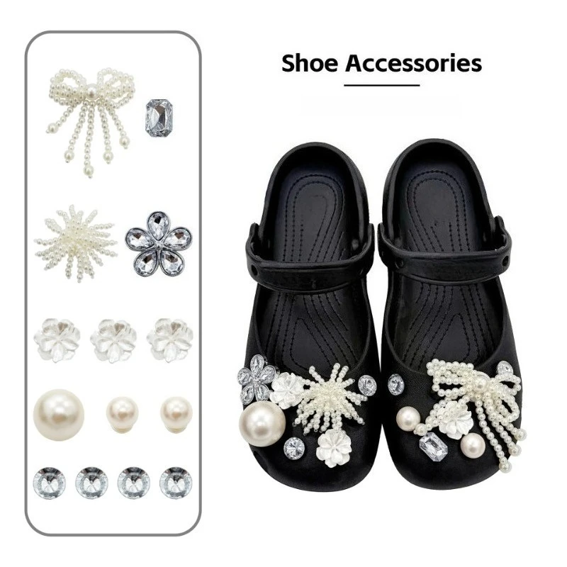 Ins Aesthetic Women's Ballet-Style Shoe Charms Crystal Fashion Bowknot Pearl Beads Shoe Decoration Set DIY Shoe Accessories