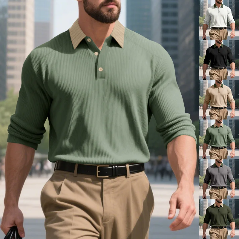American Style Autumn Turn-Down Collar Shirt For Men French Thread Casual Golf Heavyweight Color-Block Long Sleeve Polo Shirt