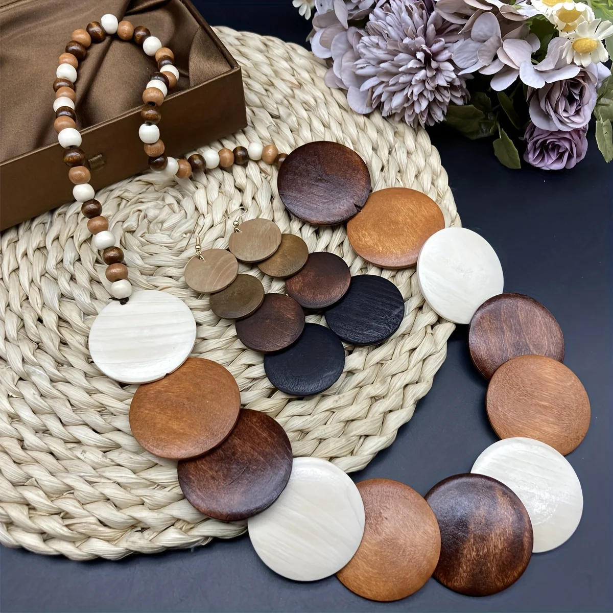 

4PCS Bohemian Colored Geometric Round Wooden Beads Handmade Bead Necklace And Earrings Set Women's Party Accessorie