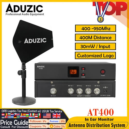 Imagen 1 del producto Combinador De antena ADUZIC AT400, Combinador De señal RF De 400-950MHz, distribuidor De antena para sistemas inalámbricos De Monitor intrauditivo De escenario