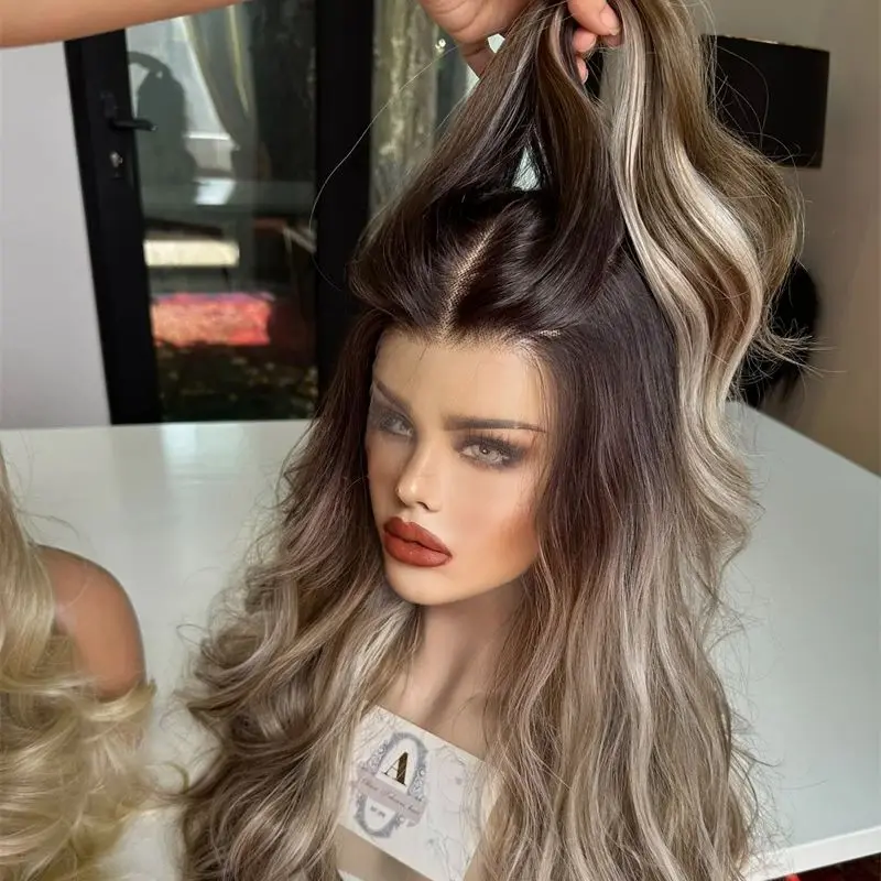 

Длинный парик с натуральной волной, коричневый блондин, HD, невидимый синтетический парик спереди, топ, бесклеевой парик, предварительно выщипанные, реалистичные волосы