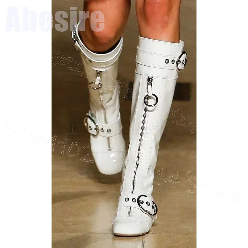 

Purple Square Toe Metal Zipper Buckle Boots Back Zipper Women Shoes Chunky Heels Party Banquet Runway 2026 Zapatos Para Mujere
