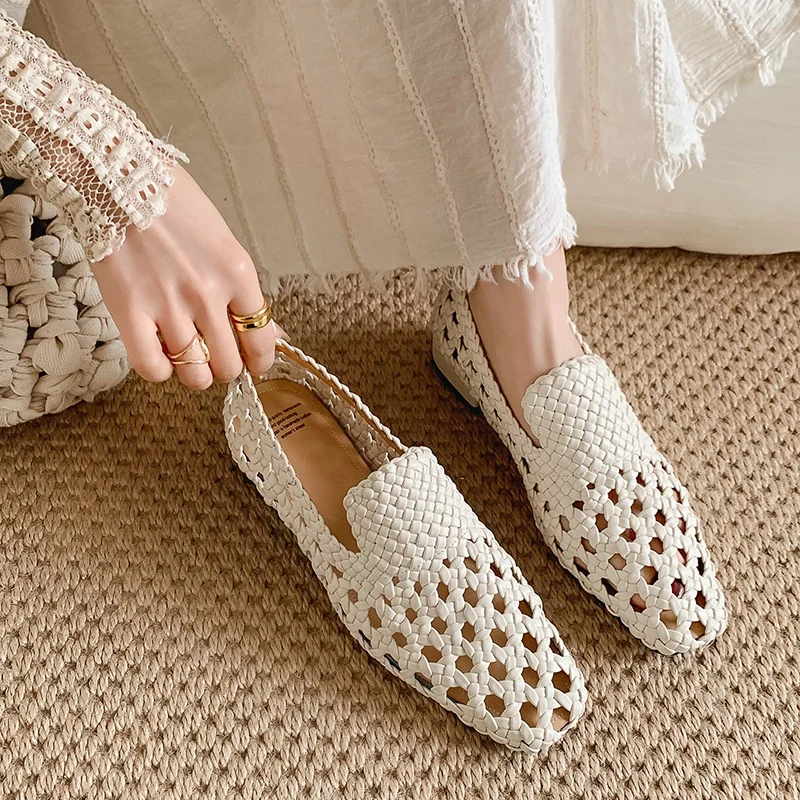 2026 Fashion Hot Sale Genuine Leather Braided Sandals Women Low Heel Breathable Summer Loafers Sandals Female Leisure Pumps view 3