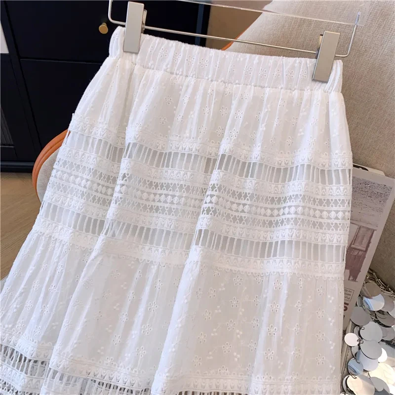 Embroidery Eyelet Cut-out Maxi Skirt White Cotton Semi Sheer Flowy Long Skirt Women Boho Summer Vacation Fairycore Outfit