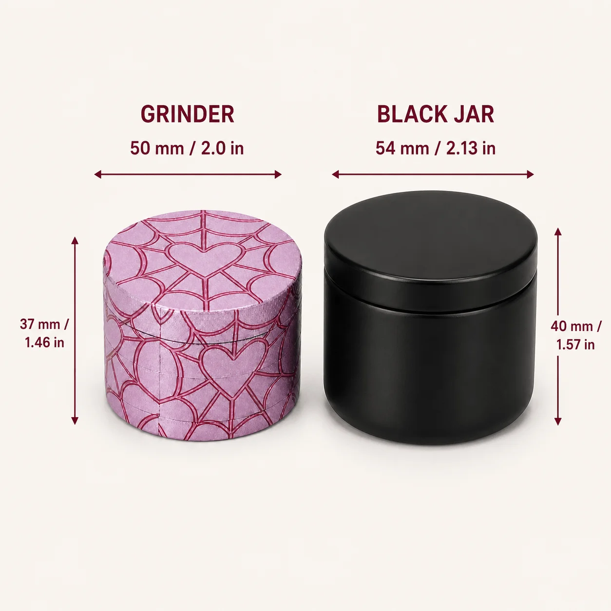 50mm Heart Zinc Alloy Herb Grinder 4 Layer Hand Operated Tobacco Mill with Black Storage Jar Set Portable Smoking Accessories
