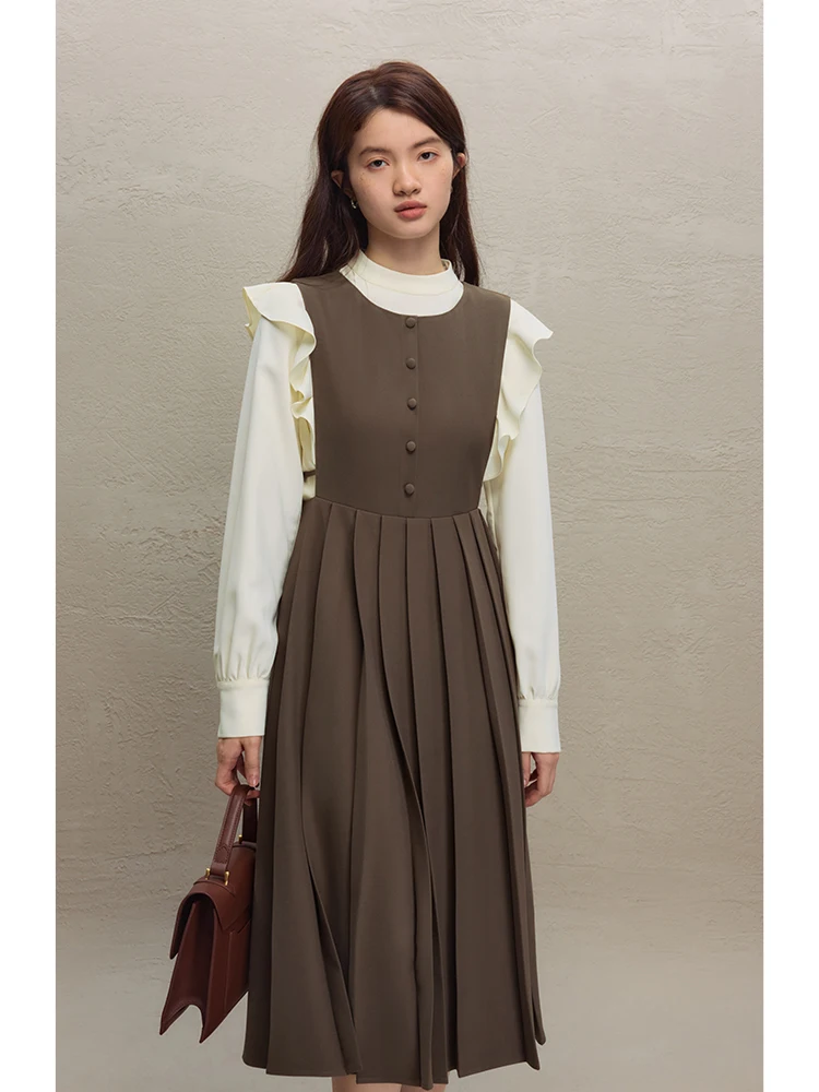 ZIQIAO Office Lady Round Neck Sleeveless Women Dress Temperament Brown Twill Pleated Design Dress Female Winter Long Dress