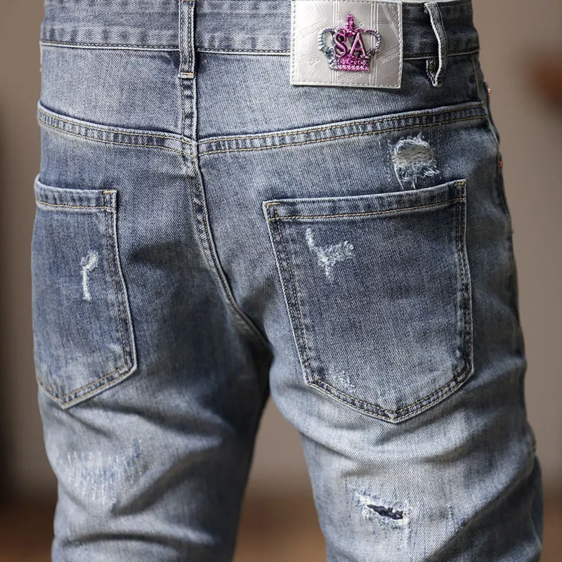 High Street Fashion Men Jeans Retro Light Blue Stretch Slim Fit Ripped Jeans Men Spliced Designer Hip Hop Denim Biker Pants