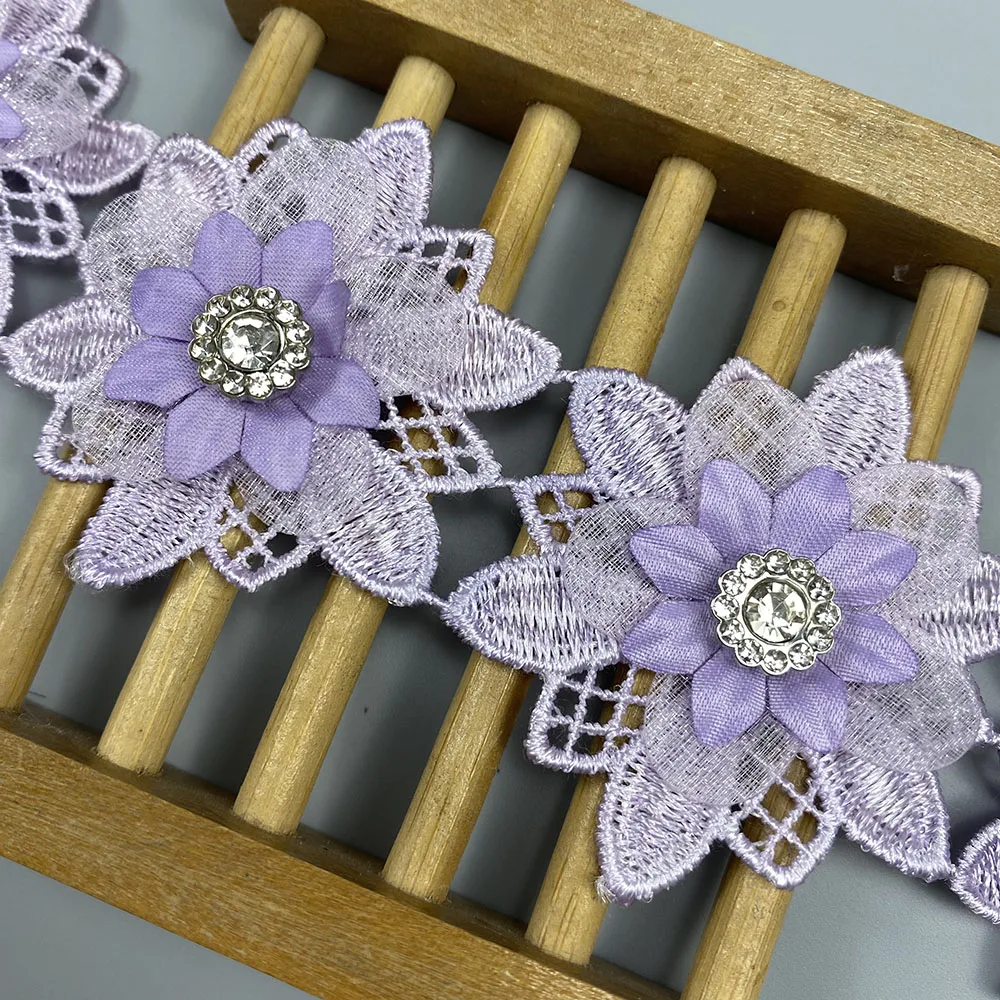 10Pcs Purple Flowers Lace Trim Embroidered Fabric Diamond Sewing Supplies Craft For Costume Clothes Hat Wedding Dress DIY Decor